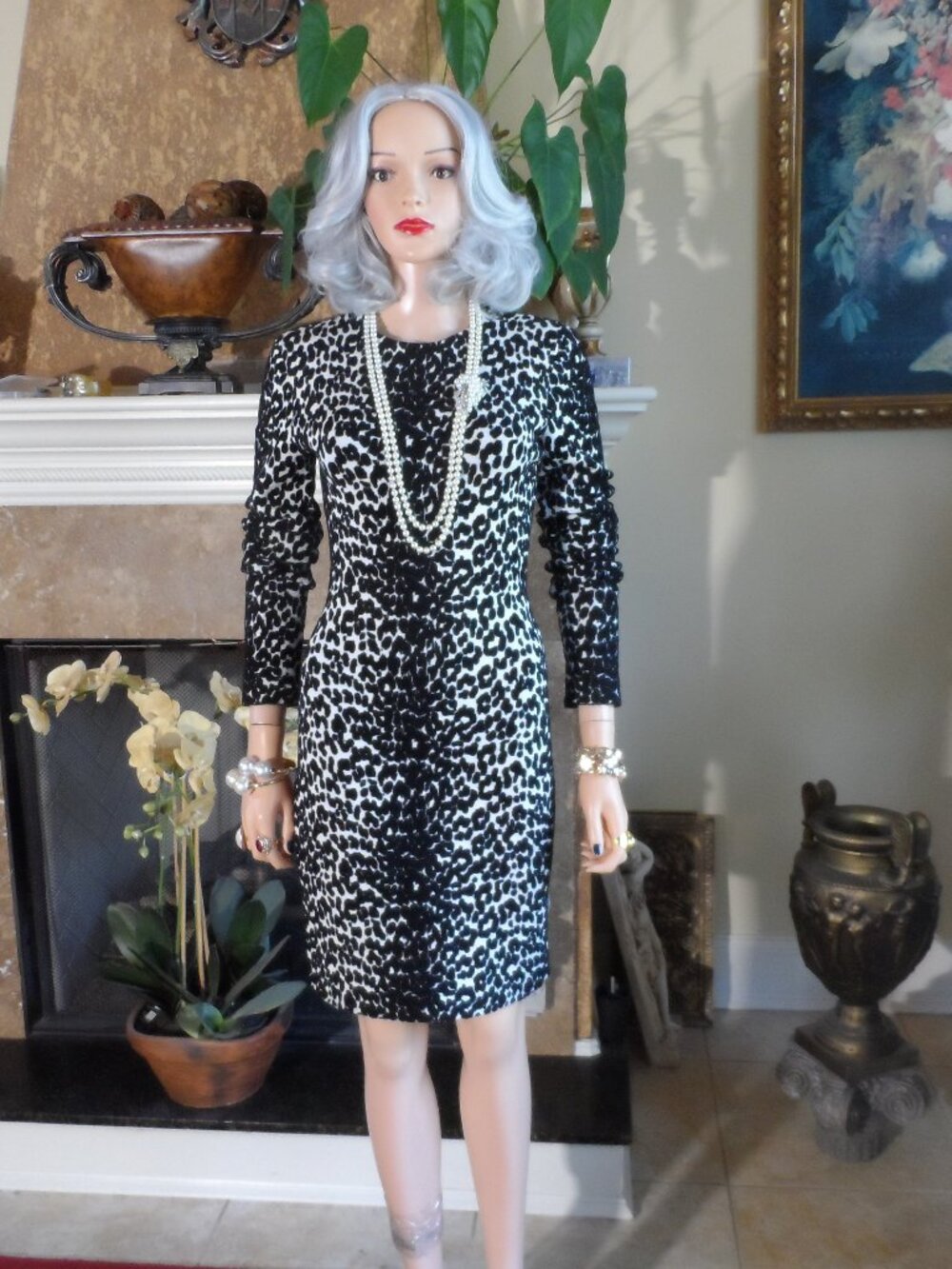 New Givenchy Black & White Leopard Print Knit Sheath Dress Size S